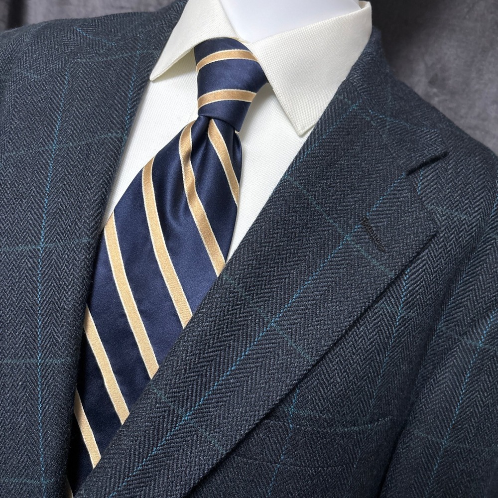 Vintage Evan Picone Sport Coat 44R Gray Blue Herringbone Wool Windowpane Tweed